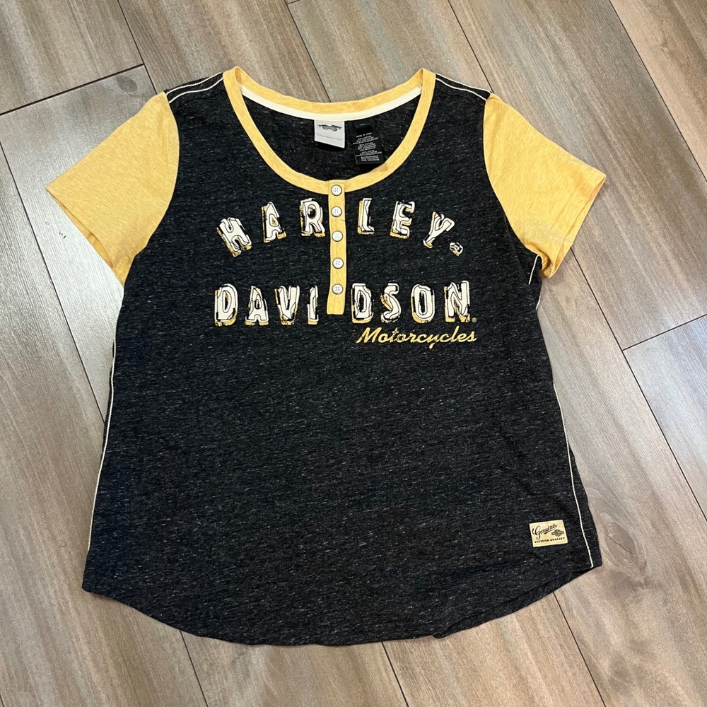 Harley Davidson Womens XL Henley T-Shirt Black Yellow Graphic Tee Bin G-12